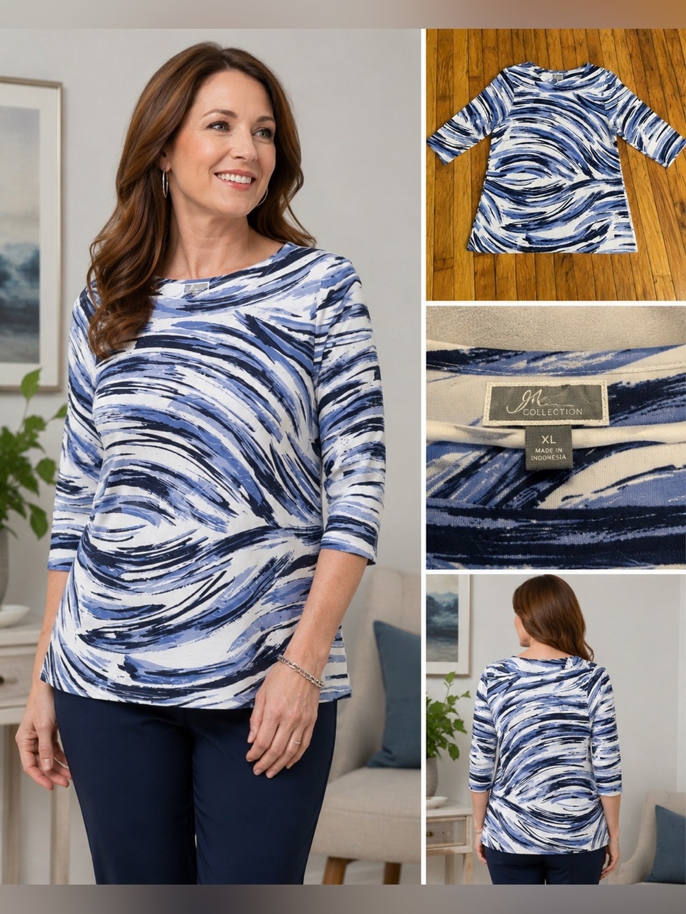 JM Collection Blue Brushstroke Tunic Top XL | 3/4 Sleeve Stretch Knit